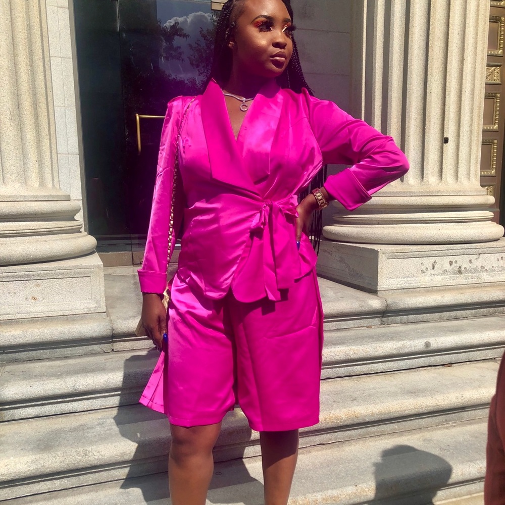 Hot pink satin two piece with side slits